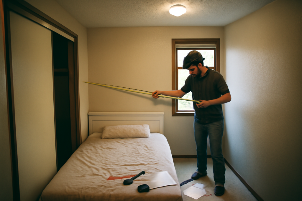 Aménagement de chambre moderne : lit, rangements optimisés, éclairage naturel et décoration minimaliste pour gagner de l'espace