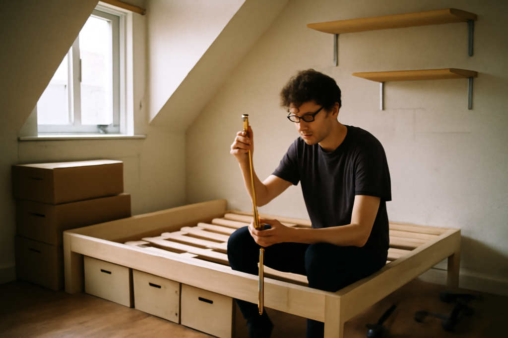 Aménagement petite chambre moderne avec lit escamotable, rangements intégrés et couleurs claires