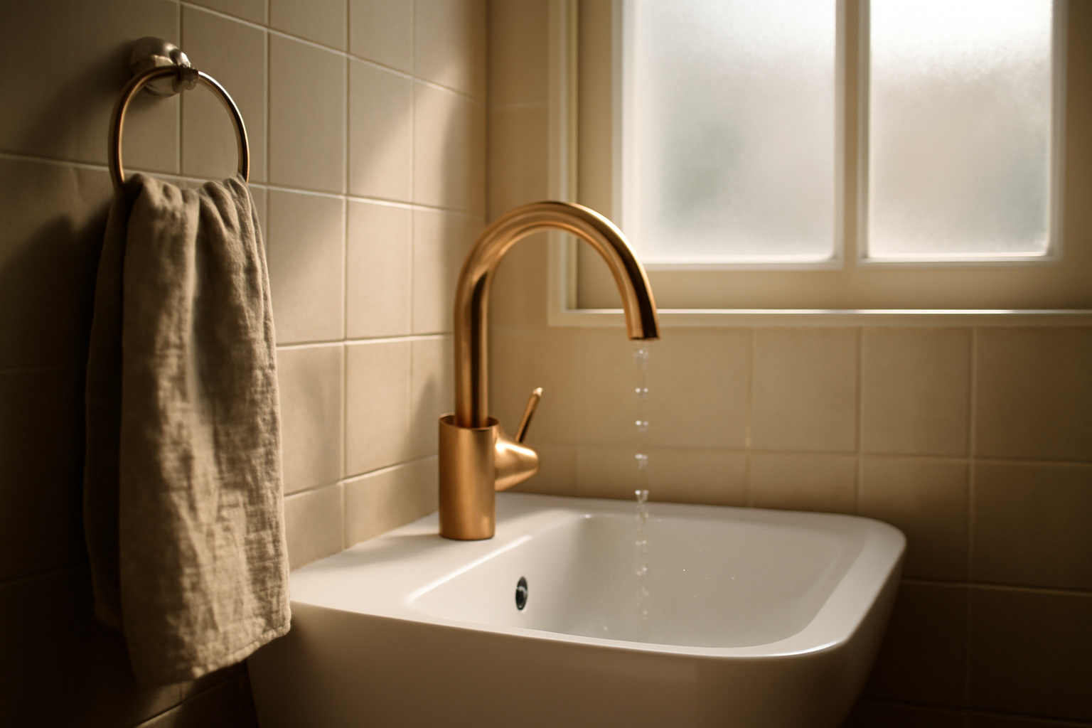 Idée aménagement petite salle de bains : carrelage clair, miroir grand format, lavabo compact et optimisation de l'espace