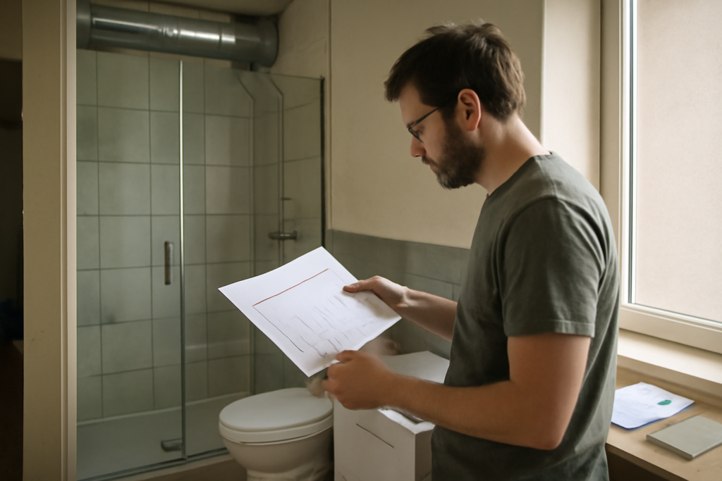 Aménagement petite salle de bains moderne avec douche à l'italienne, meuble gain de place et rangements astucieux