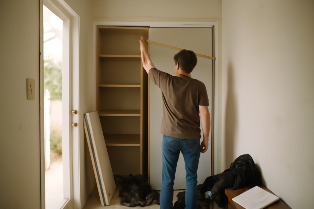 Placard d'entrée aménagé sur mesure dans le hall avec portes coulissantes, étagères réglables et rangement optimisé