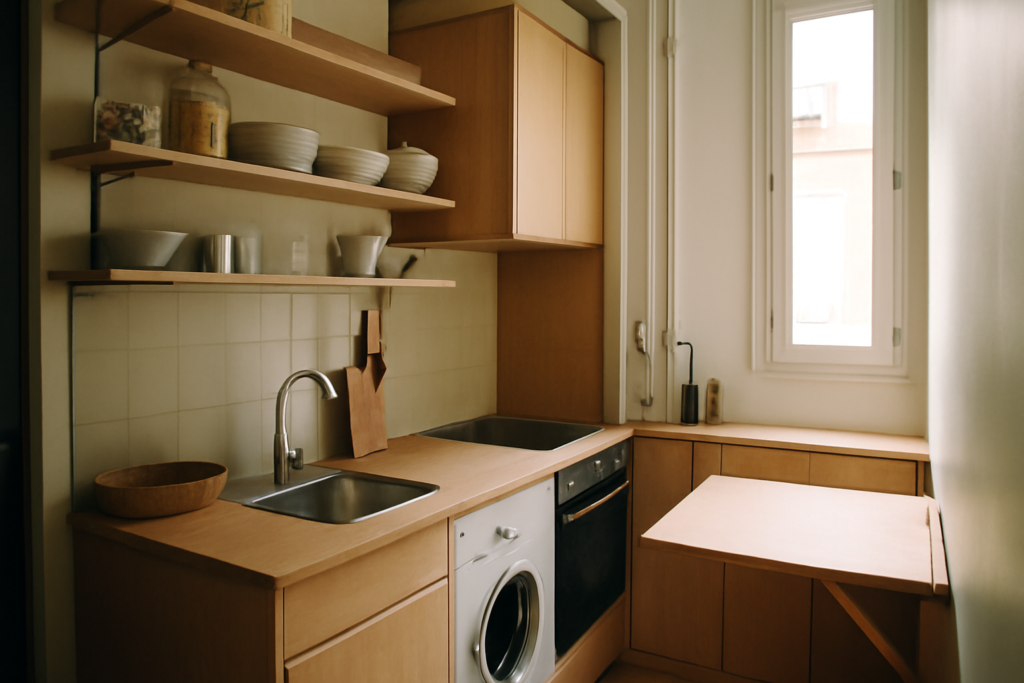 Aménagement pour petite cuisine optimisé : rangements verticaux, électroménager encastré et plan de travail gain de place