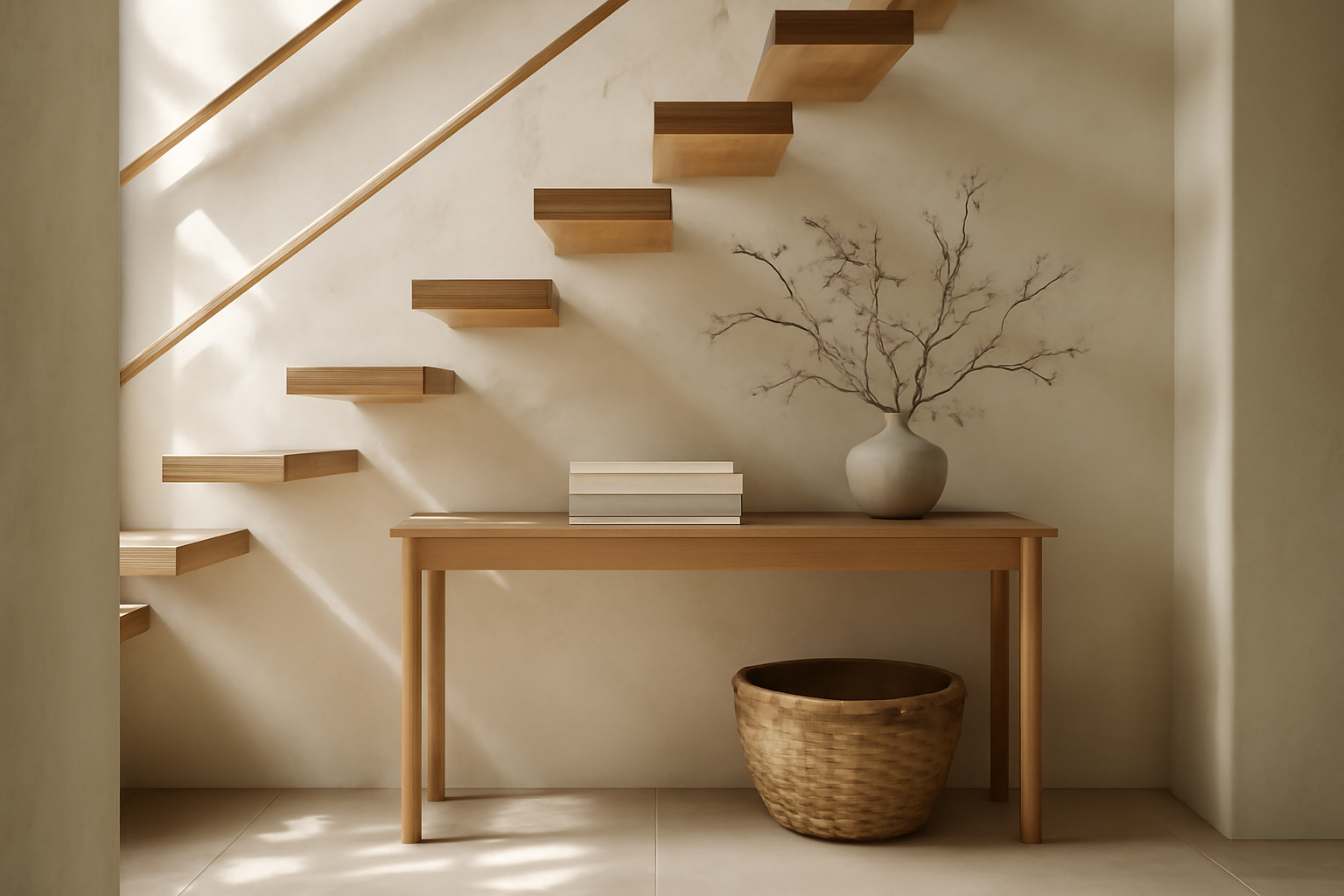 Rangements sous escalier ouvert en bois clair avec étagères intégrées pour optimiser l'espace