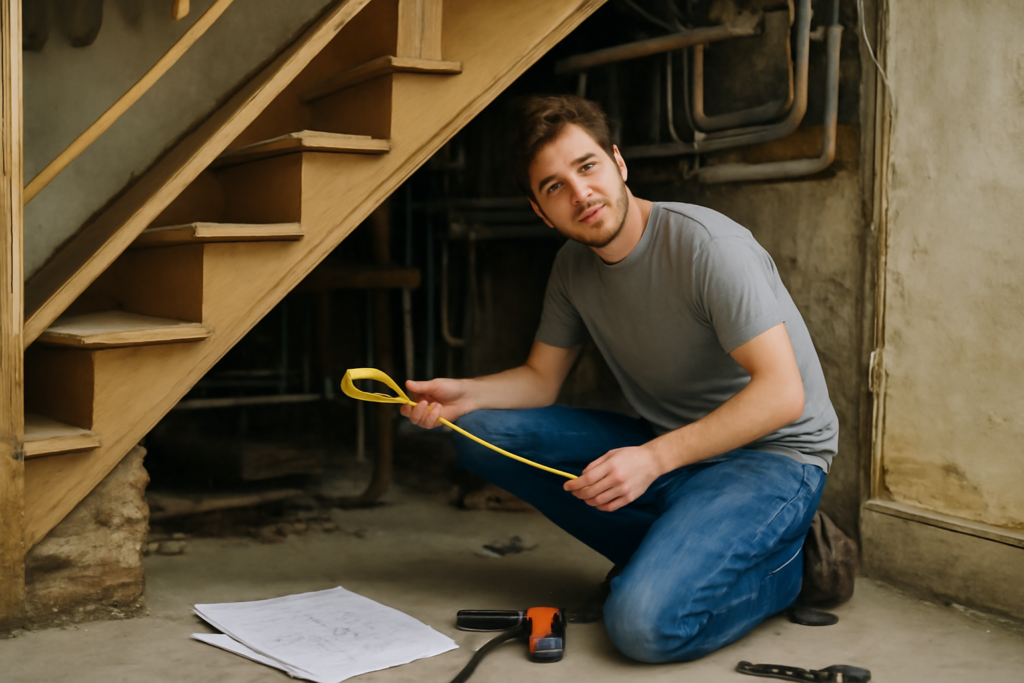 Aménagement sous escalier sur mesure avec rangements intégrés, tiroirs et étagères pour optimisation de l'espace