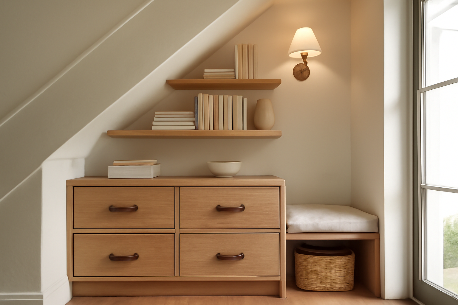 Coin bureau et rangement sous escalier optimisé avec étagères et tiroirs gain de place
