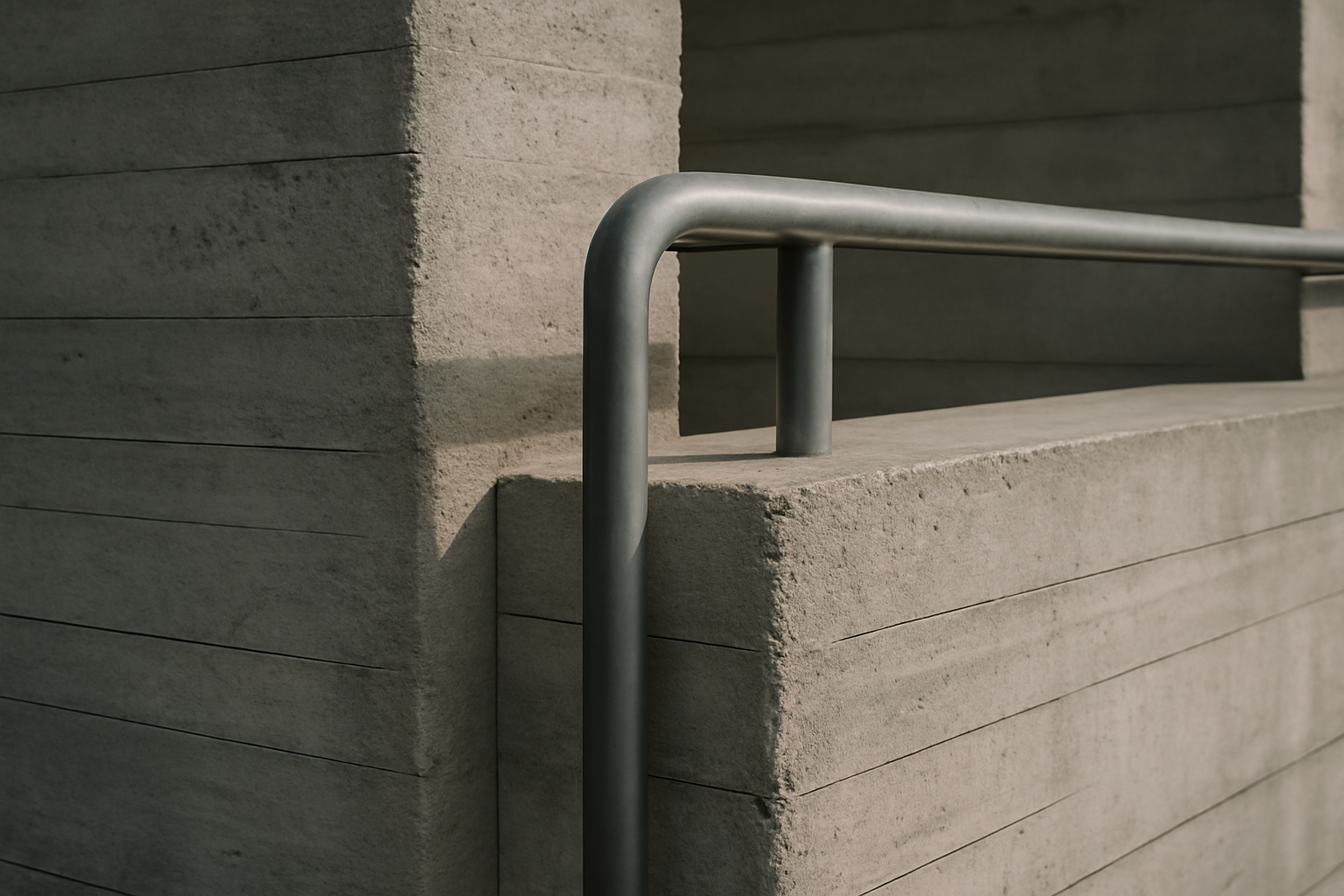 Détail intérieur : escalier en béton et garde-corps métallique, lumière naturelle — architecture moderniste de Marcel Breuer