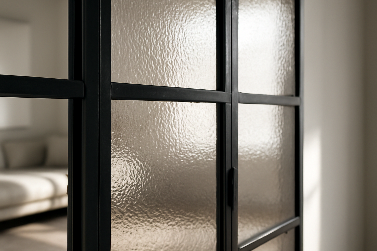 Détail d'une cloison verrière intérieure à cadre noir avec profilés fins et vitrage transparent pour optimisation de l'espace