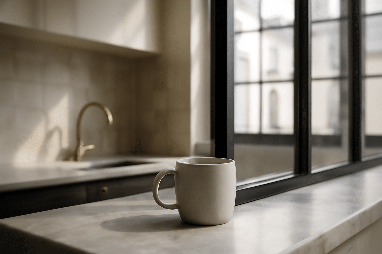 Cuisine contemporaine ouverte par verrière industrielle, mobilier blanc et plan de travail gris