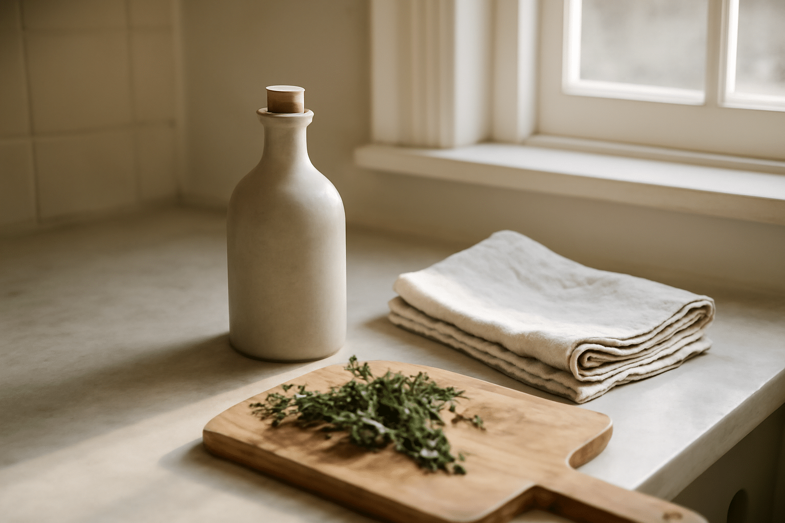 Idées déco cuisine scandinave : meubles en bois clair, plan de travail marbre et accessoires noirs
