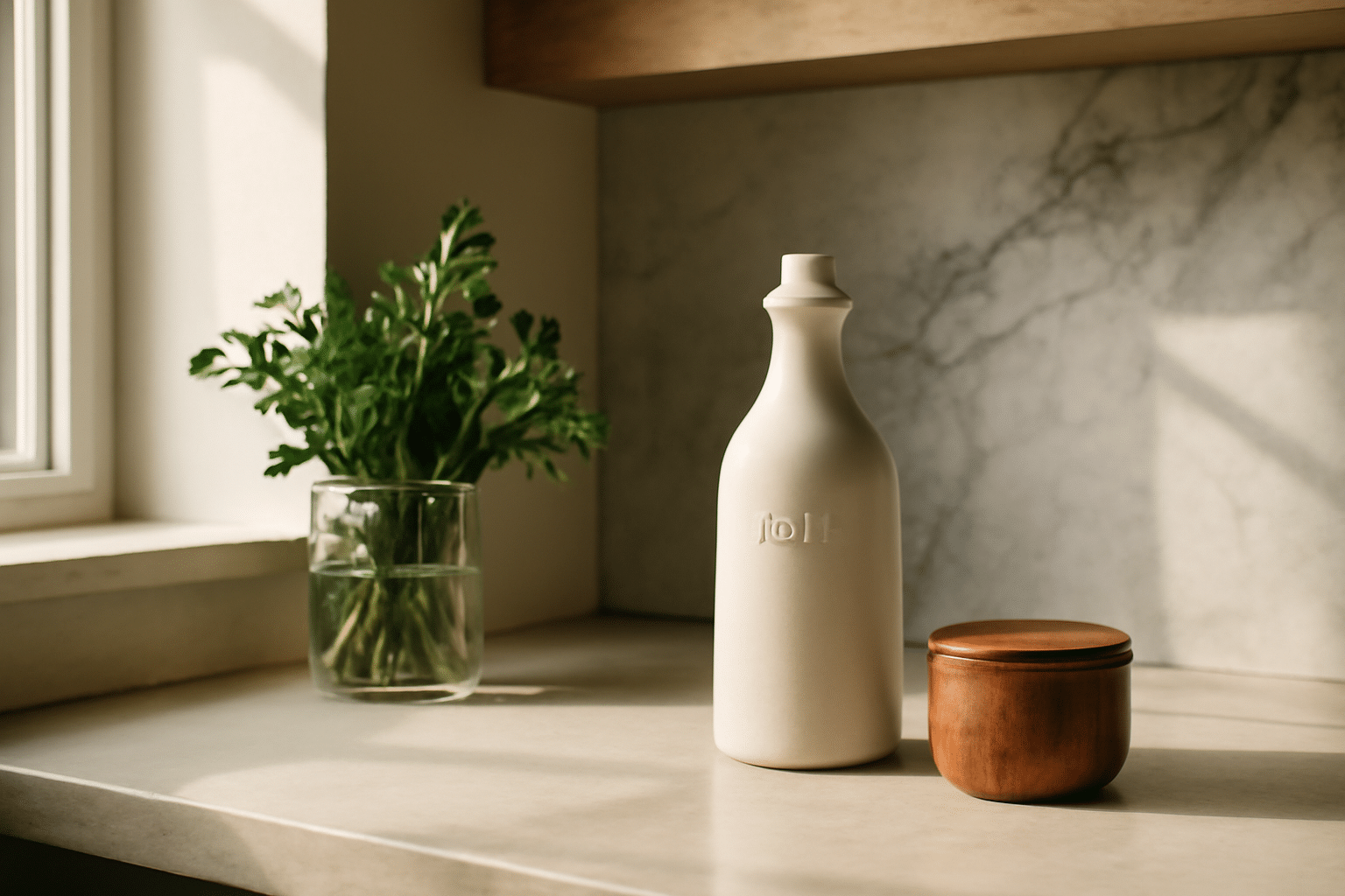 Déco cuisine cosy scandinave : meubles blancs, table en bois, accessoires verts et rangements optimisés
