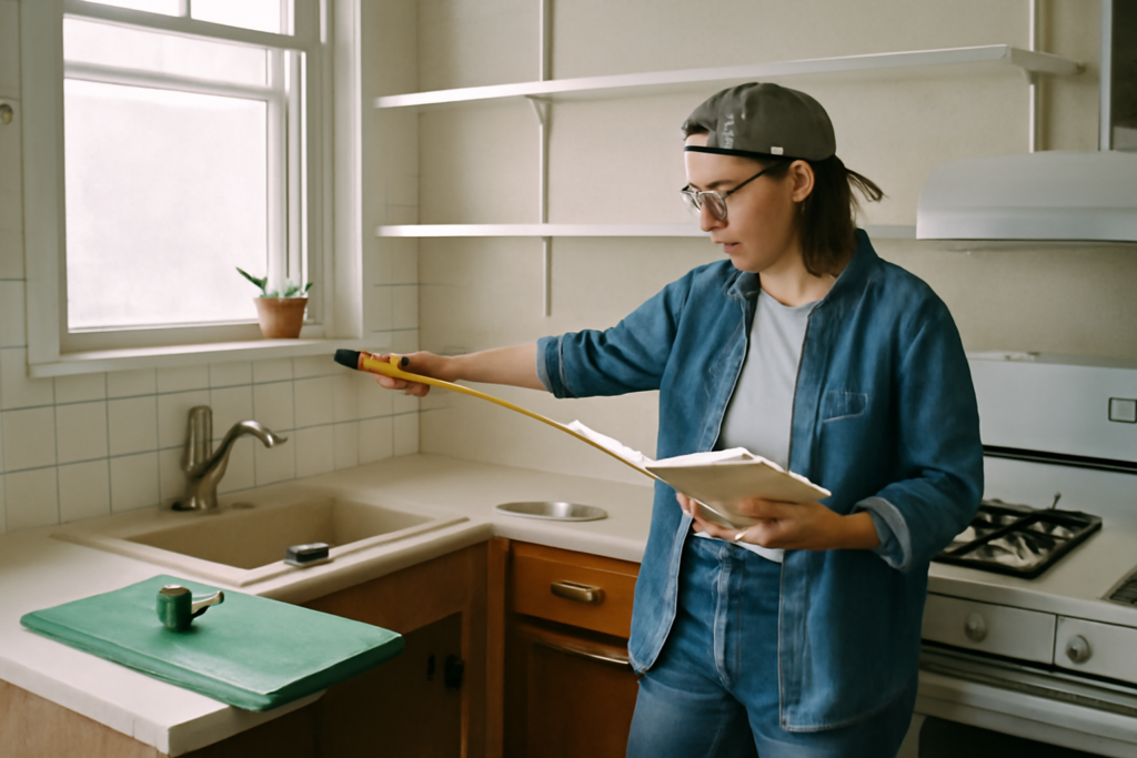 Déco cuisine moderne : plan de travail en bois clair, crédence blanche, étagères ouvertes et luminaires industriels