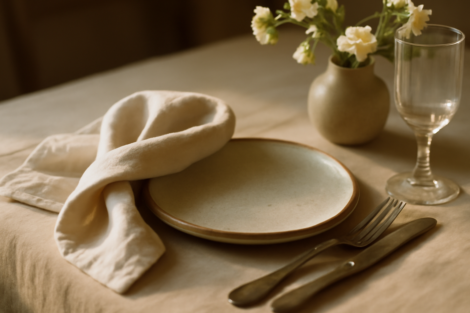 Idée de décoration de table bohème avec centre en fleurs séchées, éléments en bois et nappes naturelles