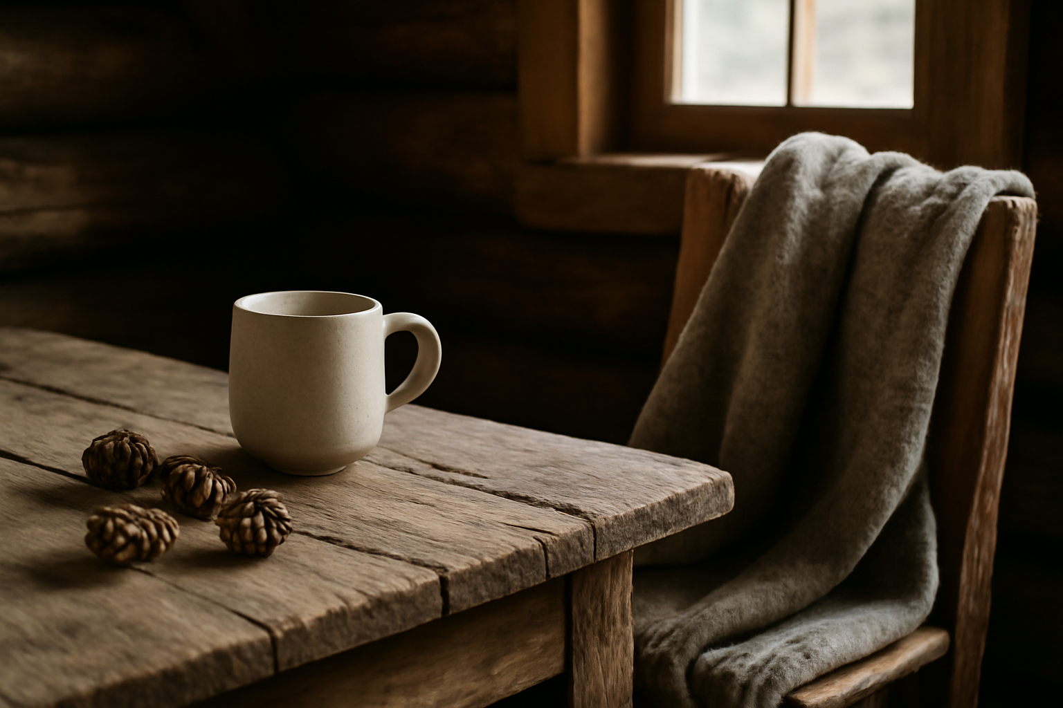 Décoration montagne intérieure — étagères en rondins, lanternes et objets en bois pour une ambiance cosy et chaleureuse
