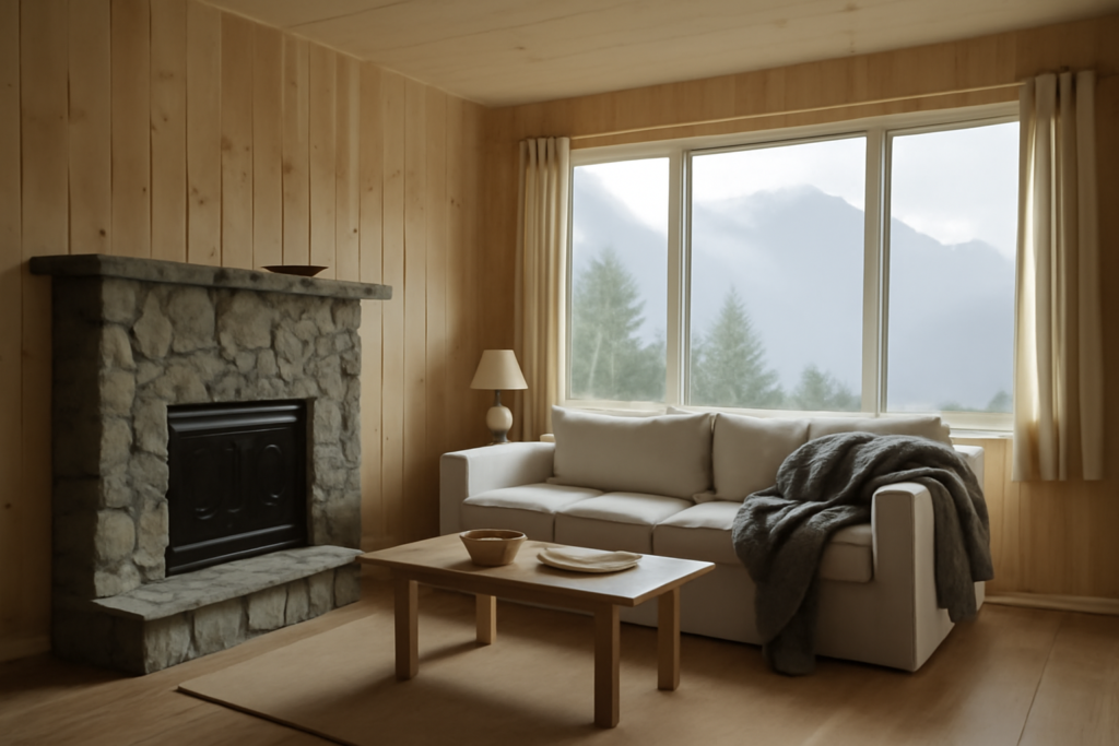 Décoration montagne — salon style chalet en bois avec coussins à motifs, plaid en laine et vue sur sommets enneigés