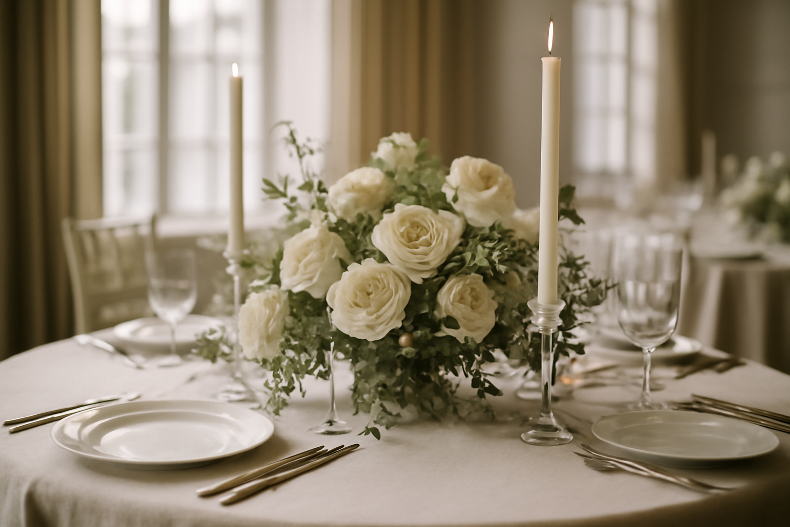 Décoration salle de mariage bohème : bougies, centres de table en pampas et palette pastel pour ambiance romantique