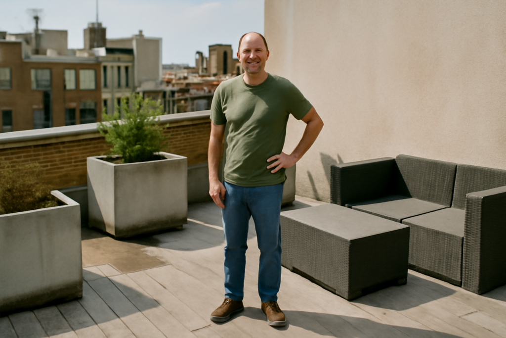 Terrasse moderne avec mobilier en rotin, coussins colorés, plantes en pot et guirlandes lumineuses pour une décoration extérieure cosy