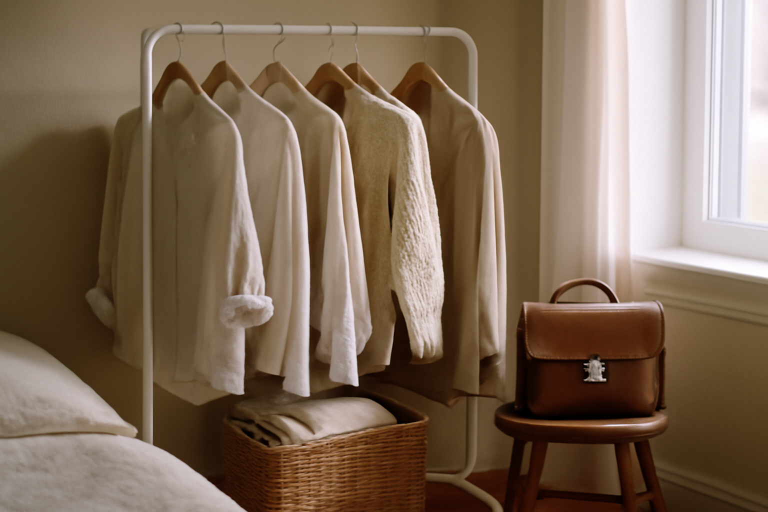 Intérieur de dressing petite chambre : penderie, tiroirs et étagères optimisant le rangement