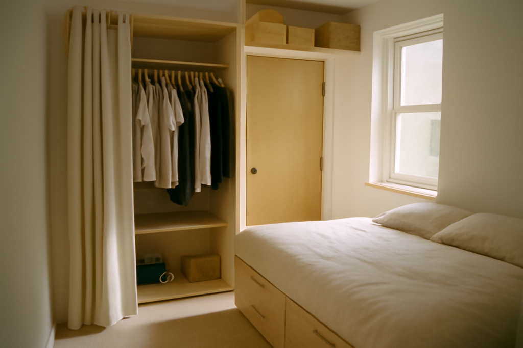 Dressing pour petite chambre, design gain de place avec portes coulissantes et étagères modulables