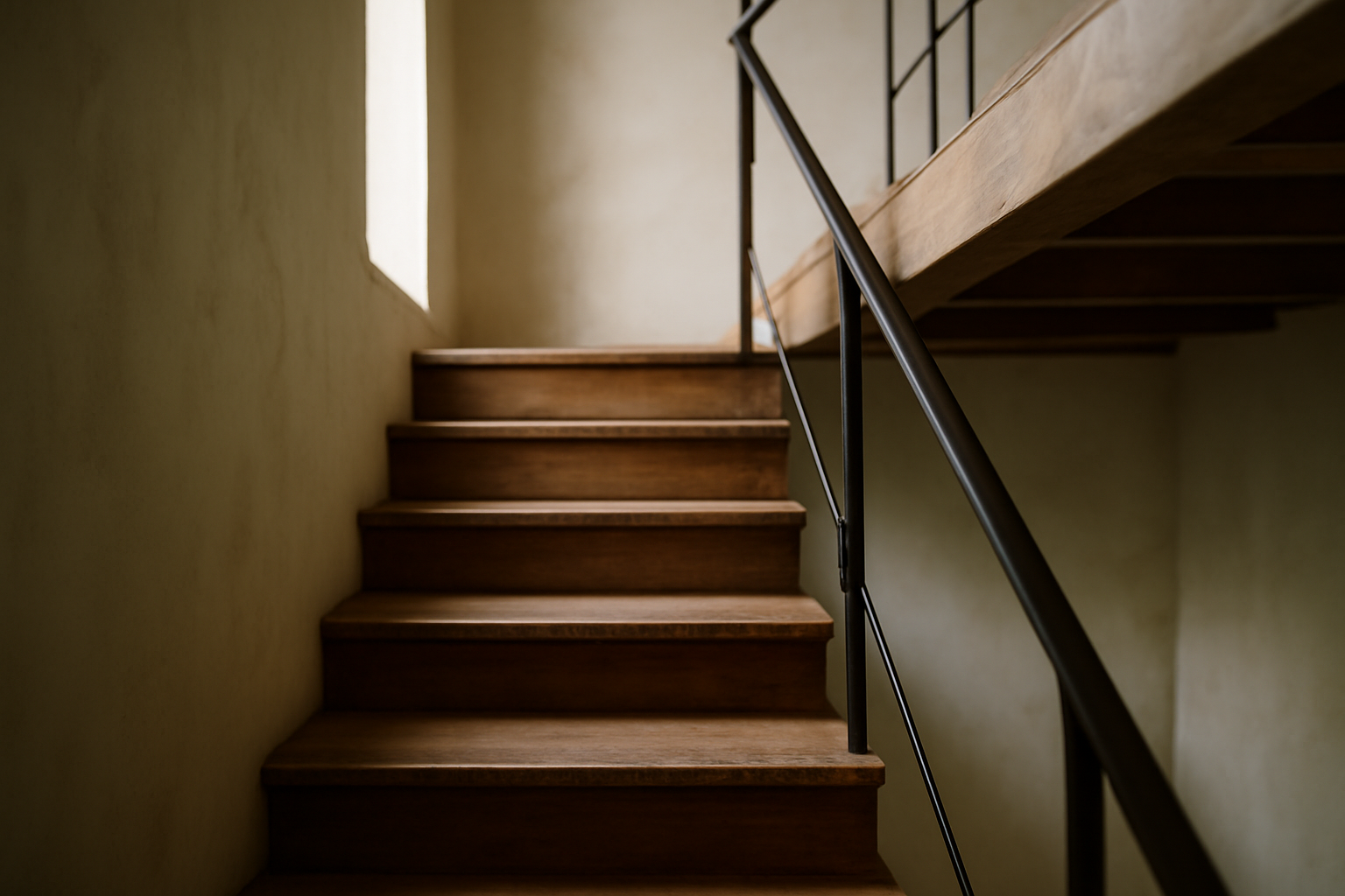 Escalier compact pour mezzanine avec marches ouvertes et rambarde moderne, solution pratique et esthétiques pour petits espaces