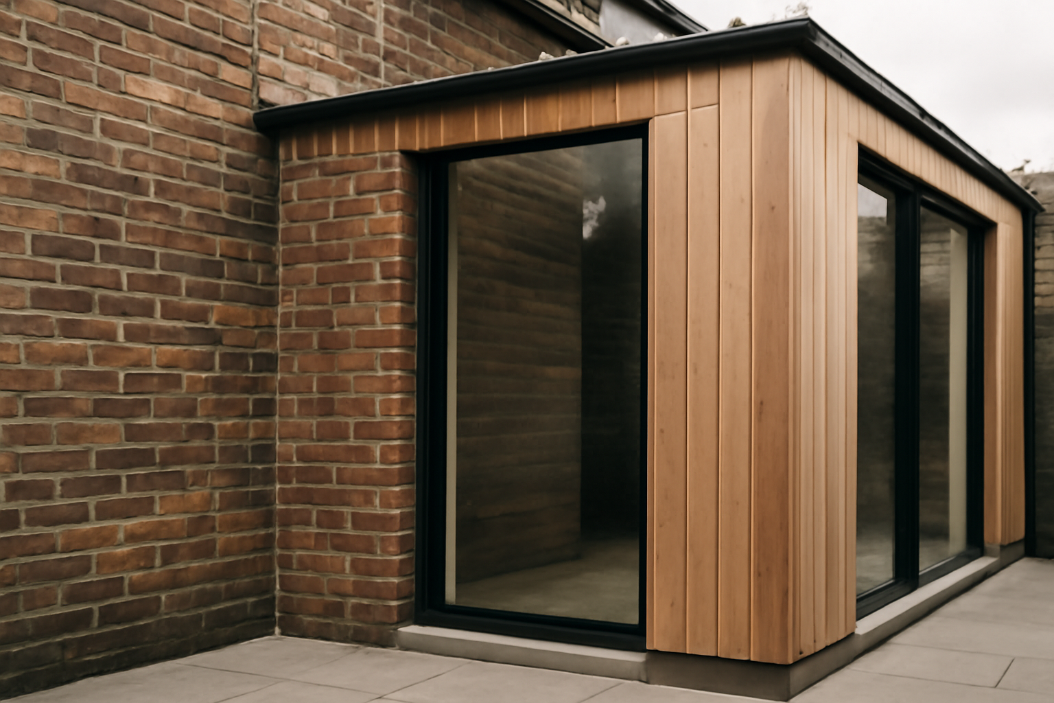 Extension maison en L en ossature bois, toiture plate et larges ouvertures — agrandissement contemporain optimisant la lumière naturelle