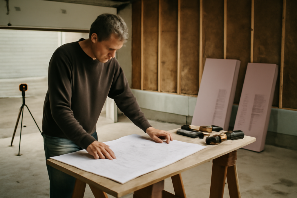 Garage aménagé moderne avec coin atelier, rangements sur mesure et espace de bricolage