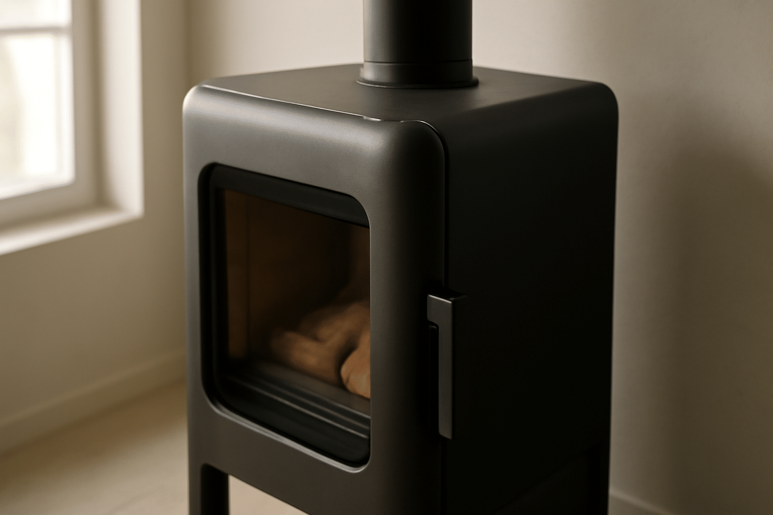 Poêle à bois design compact en fonte avec vitré panoramique, style scandinave pour intérieur cosy