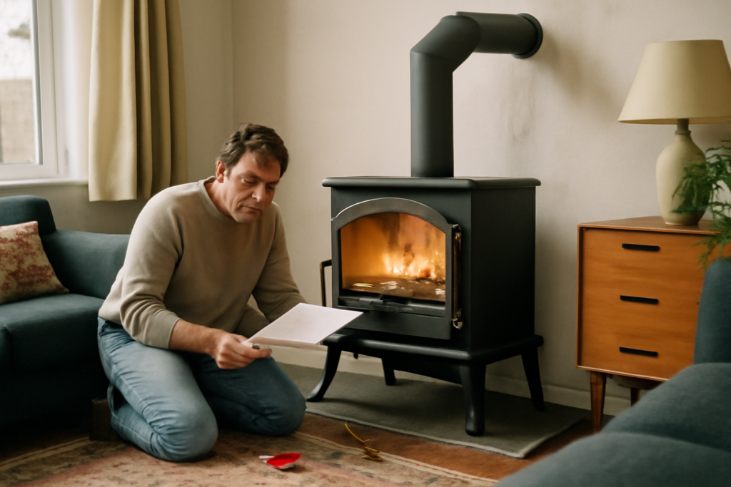 Poêle à granulés design noir mat avec grande vitre panoramique, haut rendement énergétique, programmation et télécommande