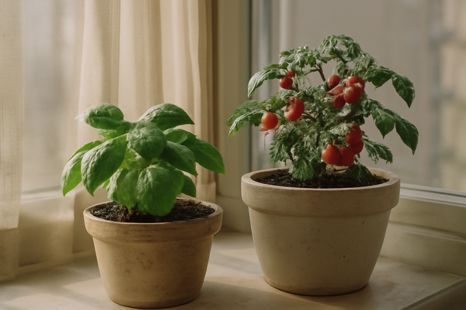 Potager d'intérieur compact : basilic, tomates cerises et herbes sur étagère lumineuse