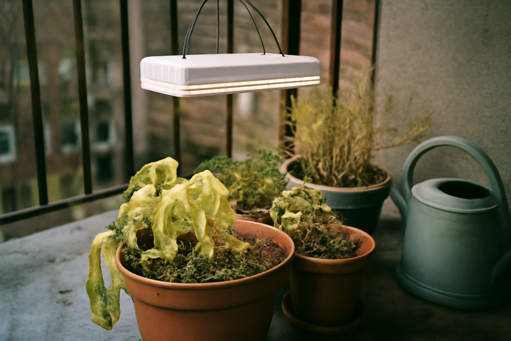 Potager d'intérieur moderne avec étagères de plantes aromatiques et légumes sous lampes LED, jardinage urbain et culture hydroponique
