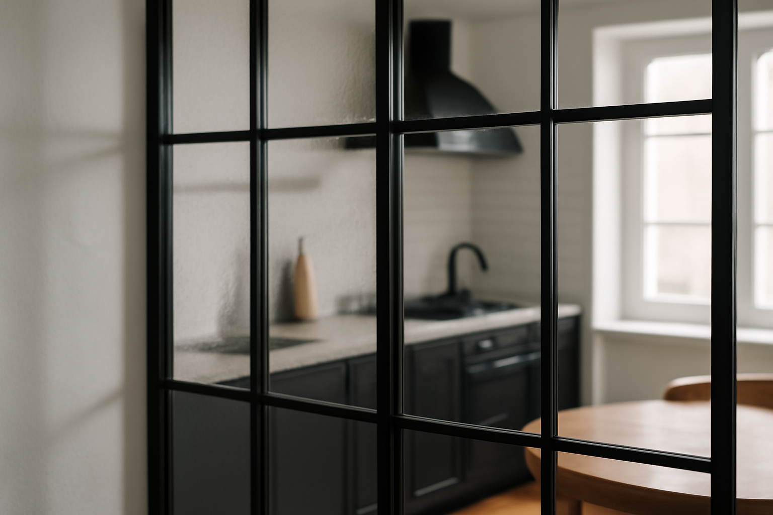 Cuisine ouverte avec verrière en acier noir au-dessus du plan de travail, îlot central et rangement sur mesure