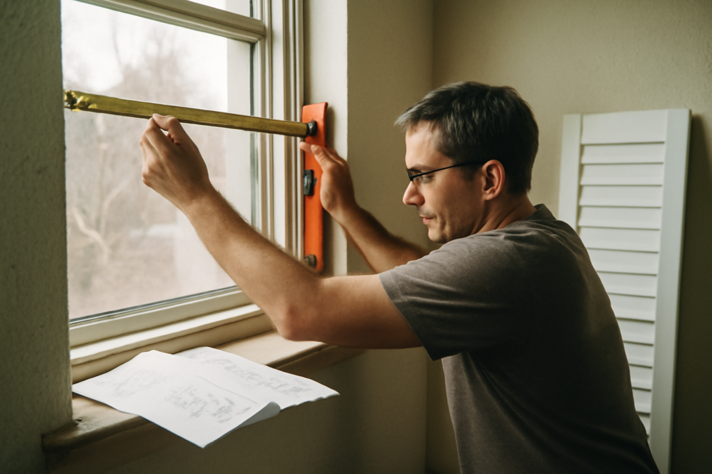 Volet intérieur en bois blanc sur mesure installé dans un salon moderne — lumière tamisée et isolation thermique