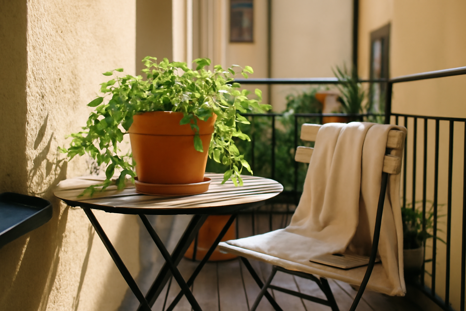 Petit balcon étroit aménagé avec table pliante, chaises compactes et jardinières de plantes aromatiques