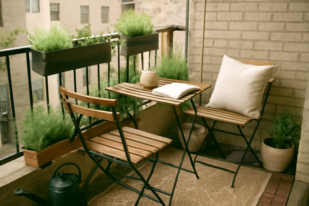 Aménagement petit balcon urbain : mobilier gain de place, plantes suspendues, coussins et guirlande lumineuse pour coin détente