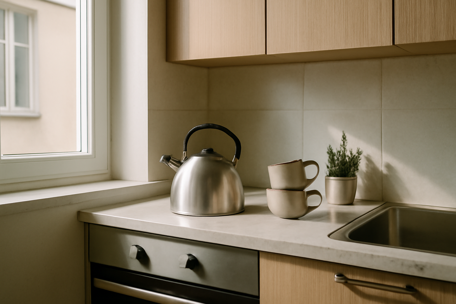 Petite cuisine 4 m² lumineuse : meubles sur mesure, niches de rangement, plaque de cuisson compacte et coin repas pliable