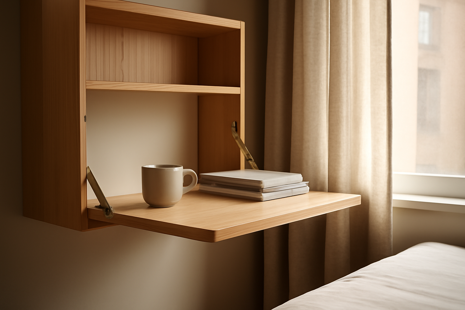 Vue intérieure et plan d'un studio 20 m² : mobilier gain de place, espace séjour multifonctionnel