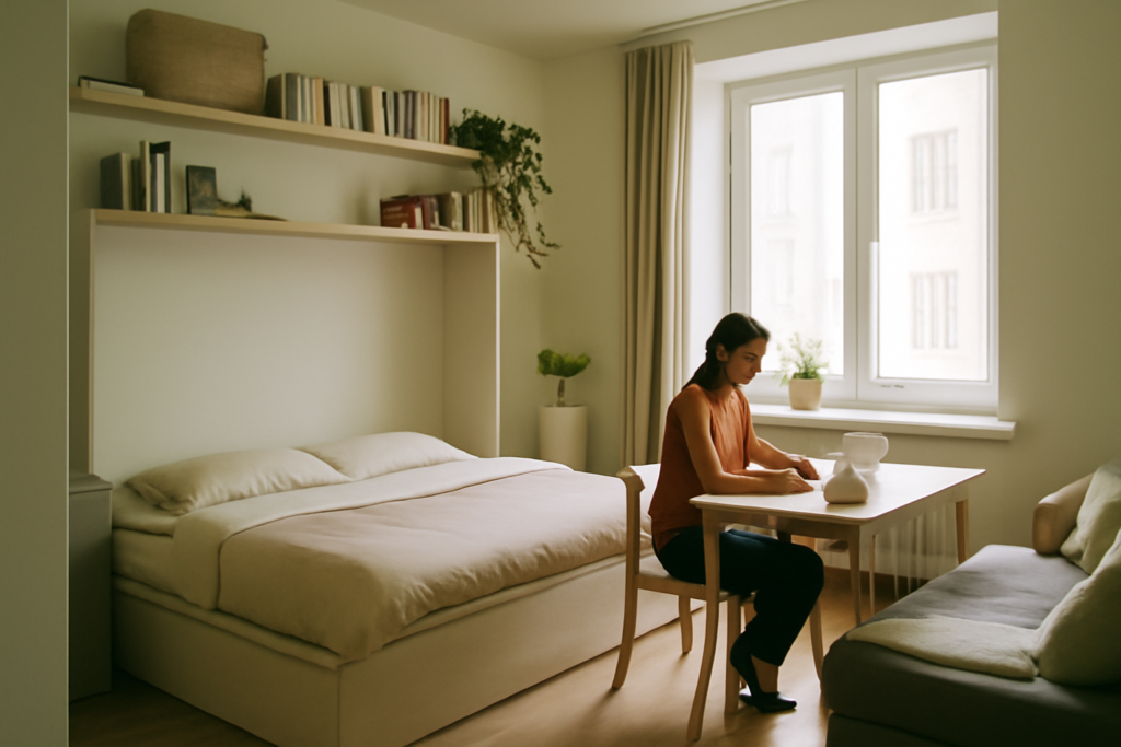 Aménagement studio 20 m² optimisé avec coin nuit, cuisine compacte et rangements intégrés