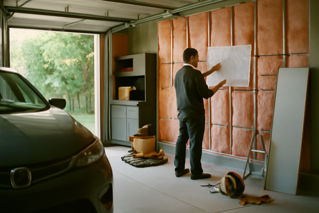 Garage aménagé pour optimiser l'espace : étagères murales, mezzanine et rangements pour voiture et outils