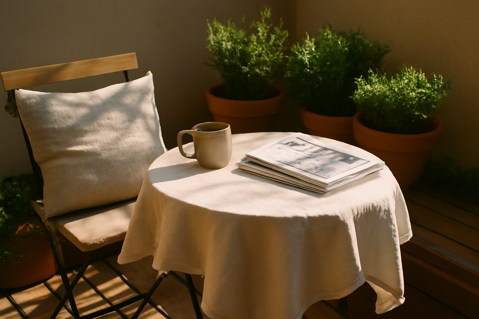 Terrasse en bois aménagée avec table à manger, coussins colorés, pergola et guirlandes lumineuses pour repas et détente en plein air