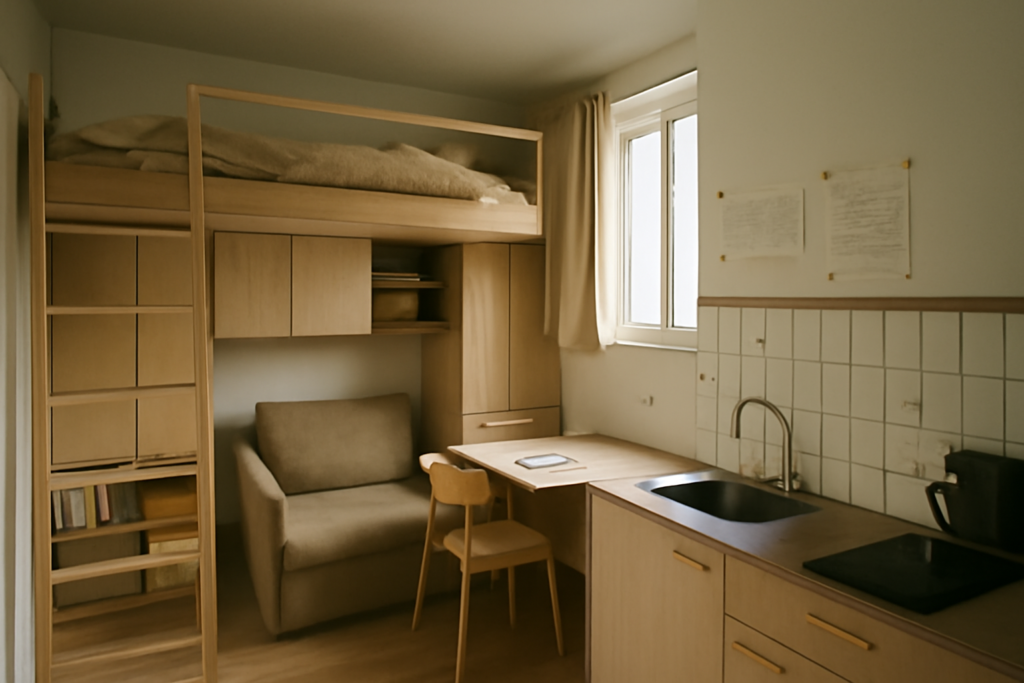 Aménager un studio 20 m² : intérieur lumineux avec canapé-lit, cuisine ouverte et rangements sur mesure pour optimiser l'espace