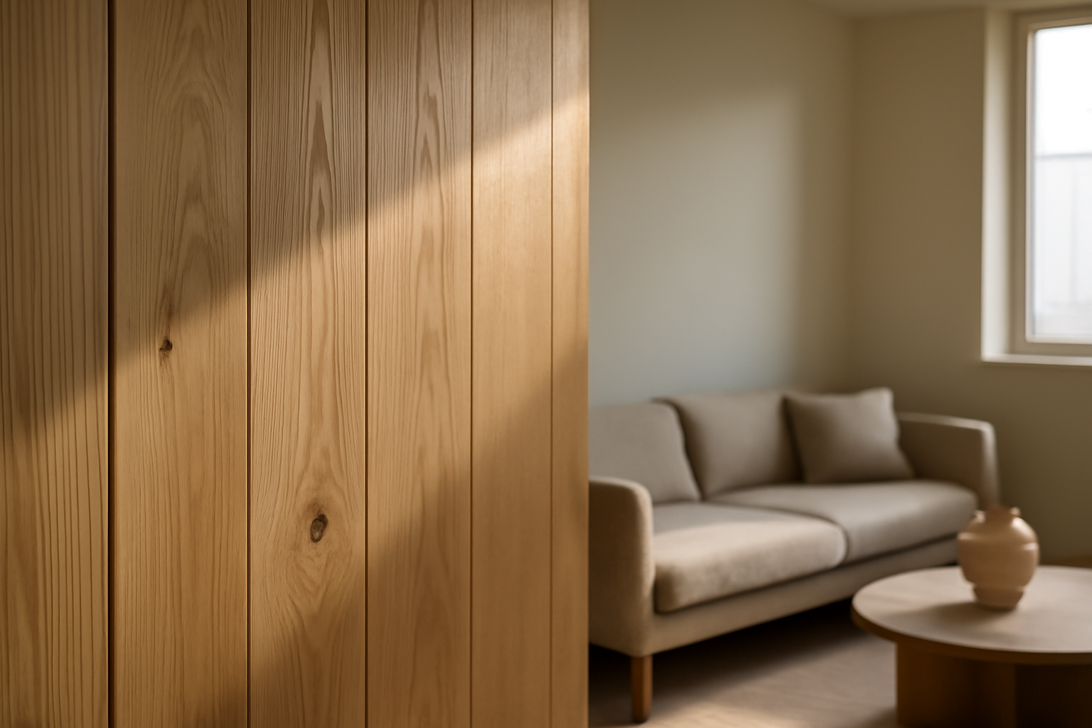 Détail du bardage bois intérieur posé verticalement, finition huilée pour ambiance scandinave