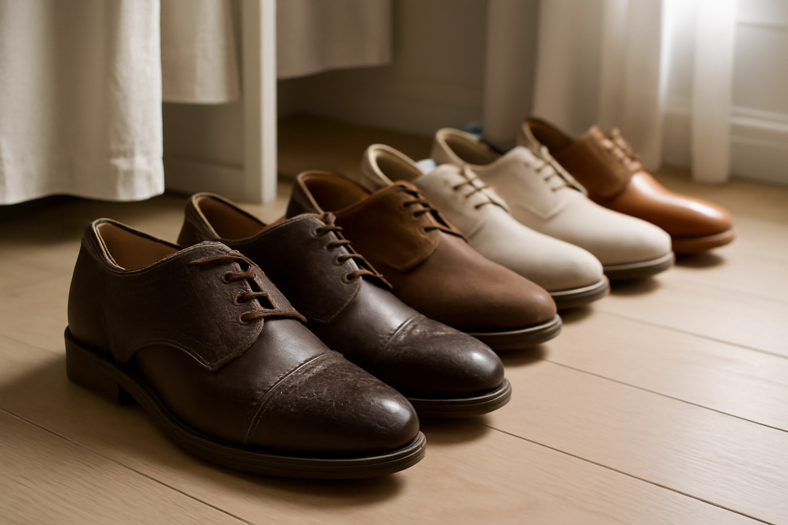 Étagères de chaussures mixtes dans dressing organisé — talons, baskets et bottes rangés par style et saison