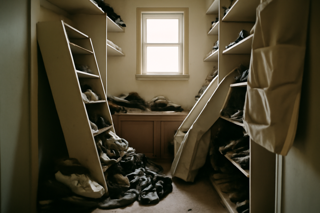 Dressing moderne avec chaussures bien rangées sur étagères — organisation et rangement optimisés pour collection de chaussures