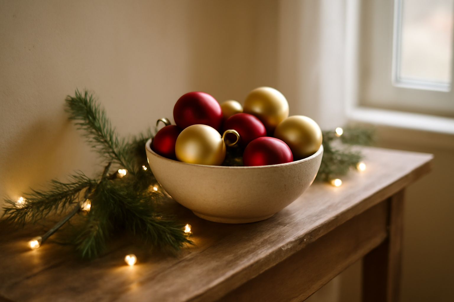 Détails déco de Noël : boules rouges, guirlande lumineuse et cadeaux sous le sapin pour une maison cosy