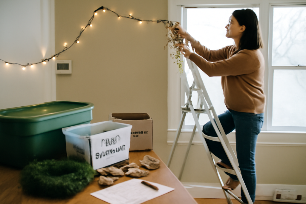 Décoration maison de Noël : sapin illuminé, guirlandes et ornements pour une ambiance chaleureuse et festive