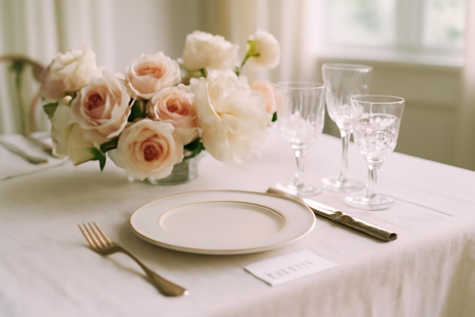 Détail centre de table romantique : bougies, fleurs fraîches et chemin de table en lin