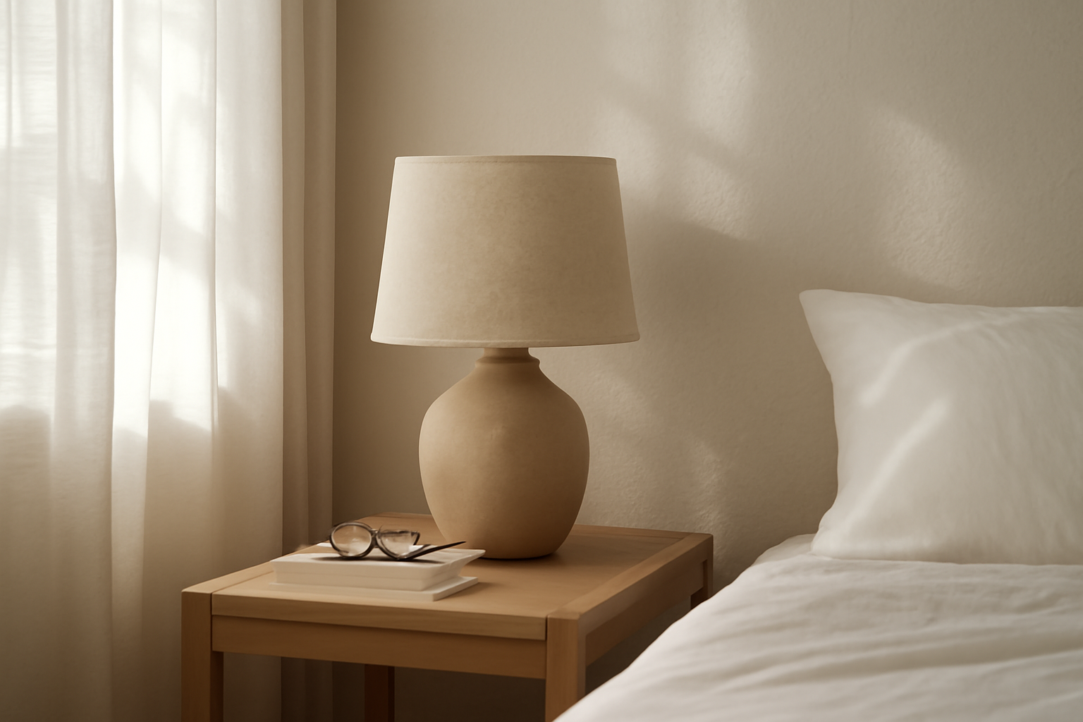 Détails décoration chambre : table de chevet en bois, lampe design, cadre mural minimaliste et plante verte pour une touche naturelle