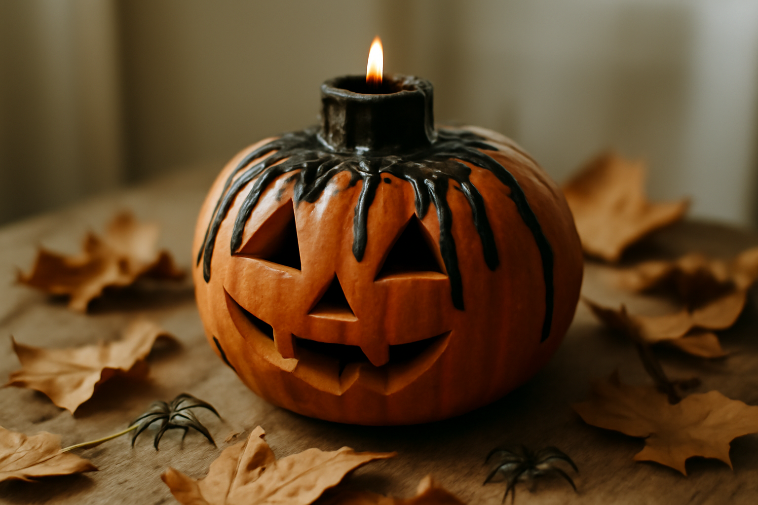 Idées déco Halloween intérieure : table festive avec citrouille, bougies rouges et accessoires macabres