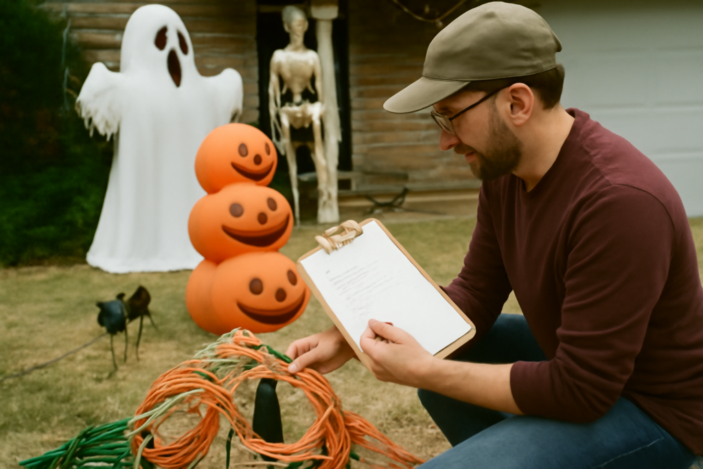 Décoration Halloween extérieure : façade illuminée avec citrouilles sculptées, lanternes et guirlandes effrayantes