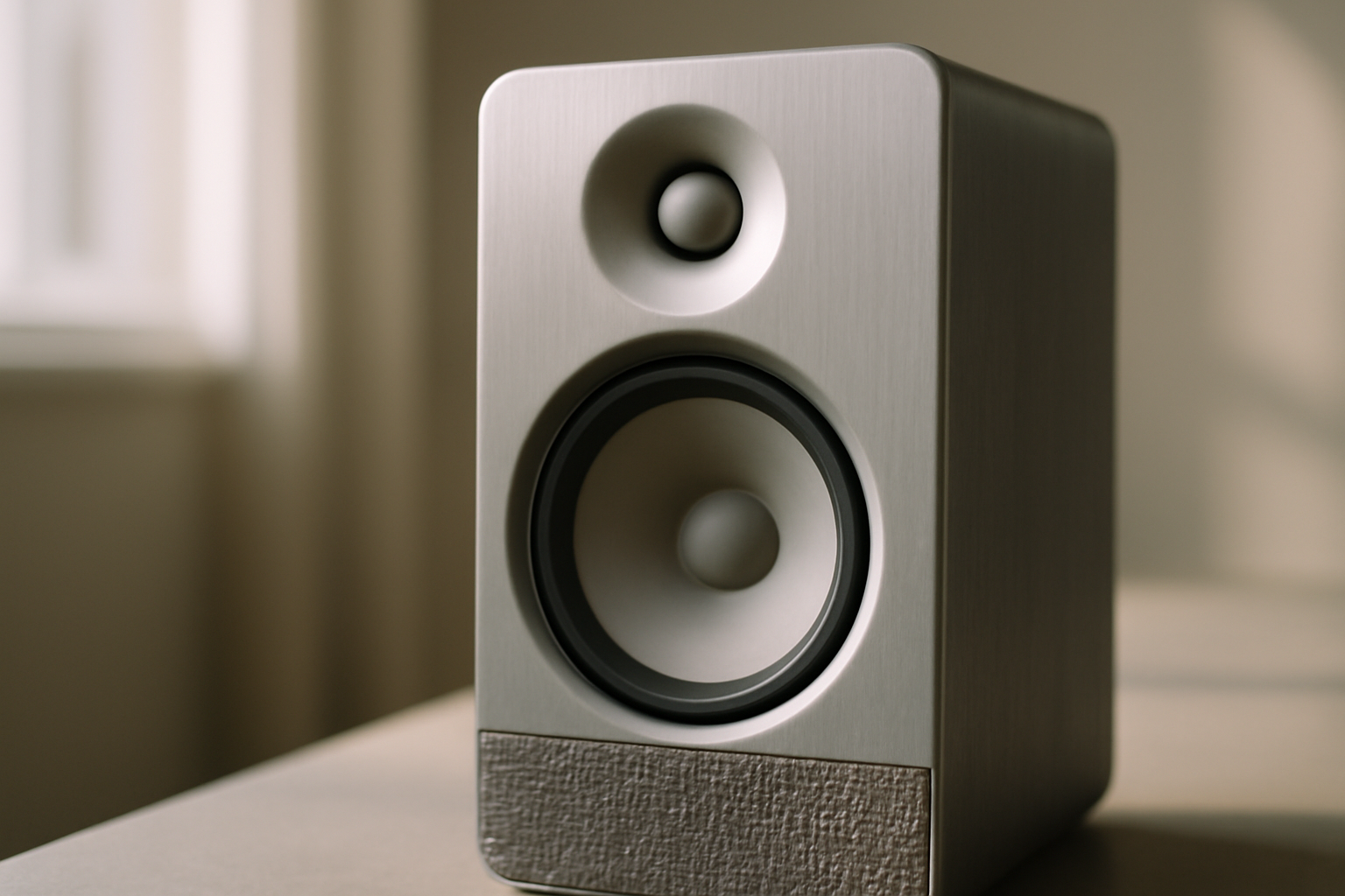 Enceinte compacte design noire, connectivité Bluetooth, basses profondes et finition premium