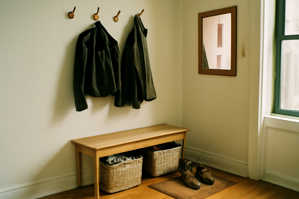 Idée déco entrée moderne : console en bois, miroir rond, suspension lumineuse et plantes